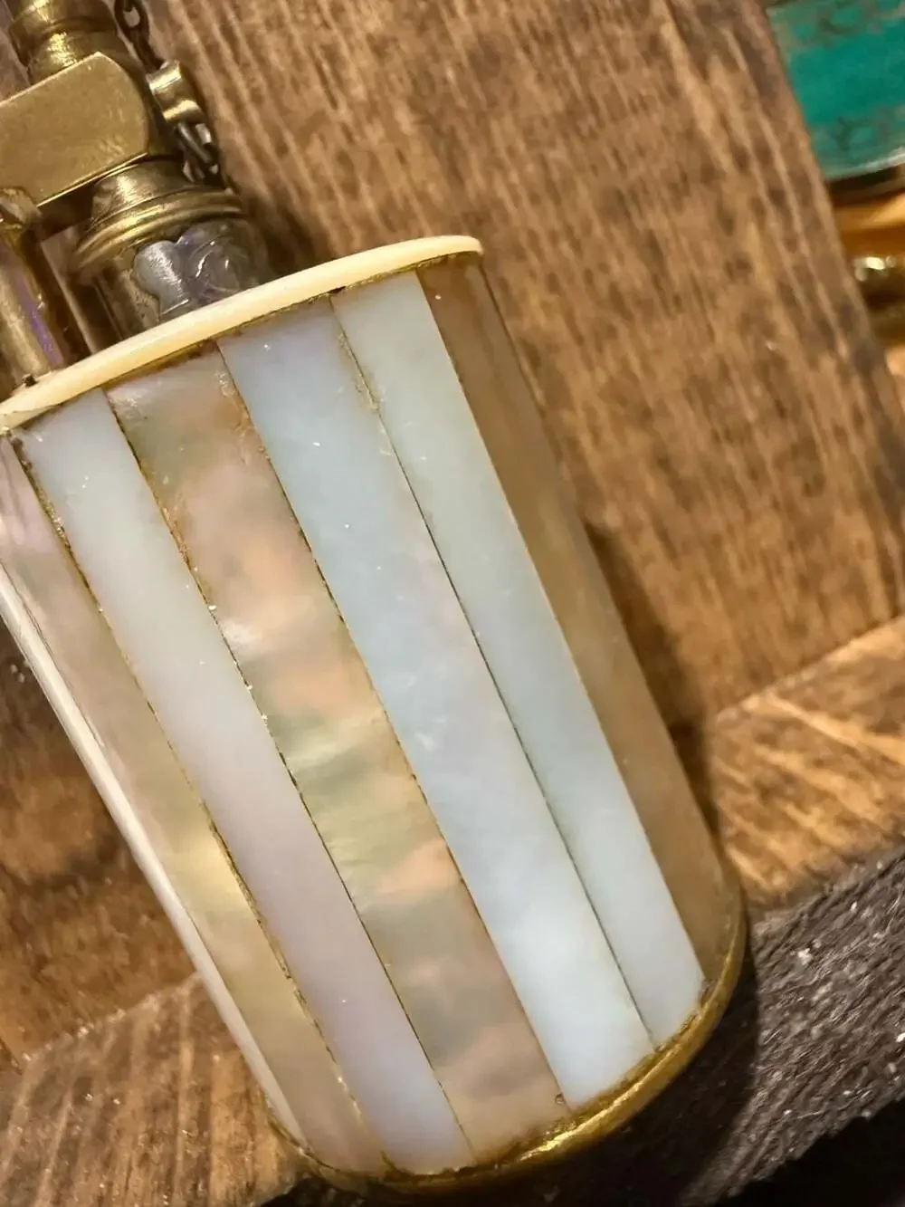 Vintage Tiffany & Co. Mother of Pearl and Brass Lift Arm Table Lighter Made in F